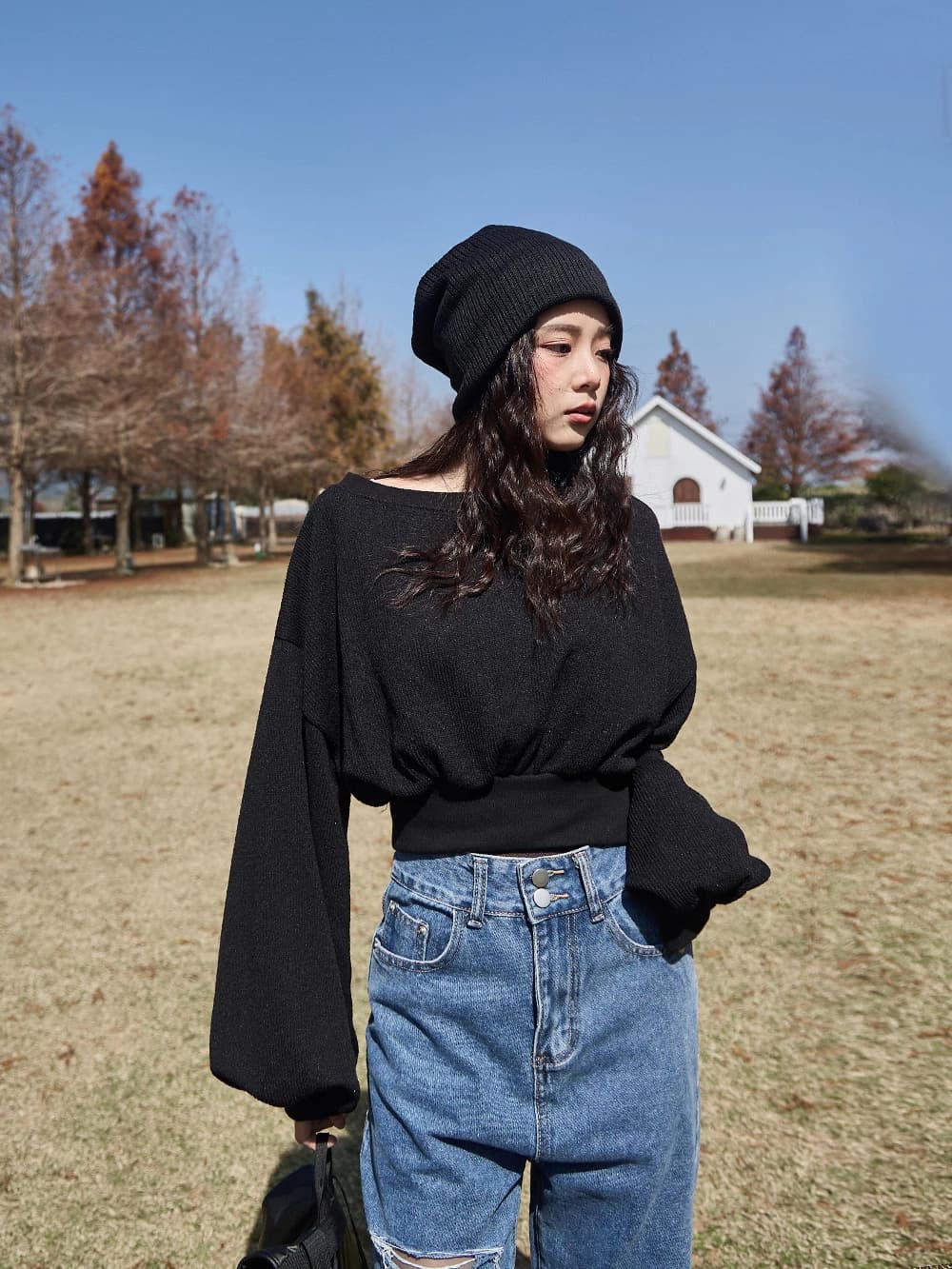 正韓-縮腰澎澎袖短版上衣