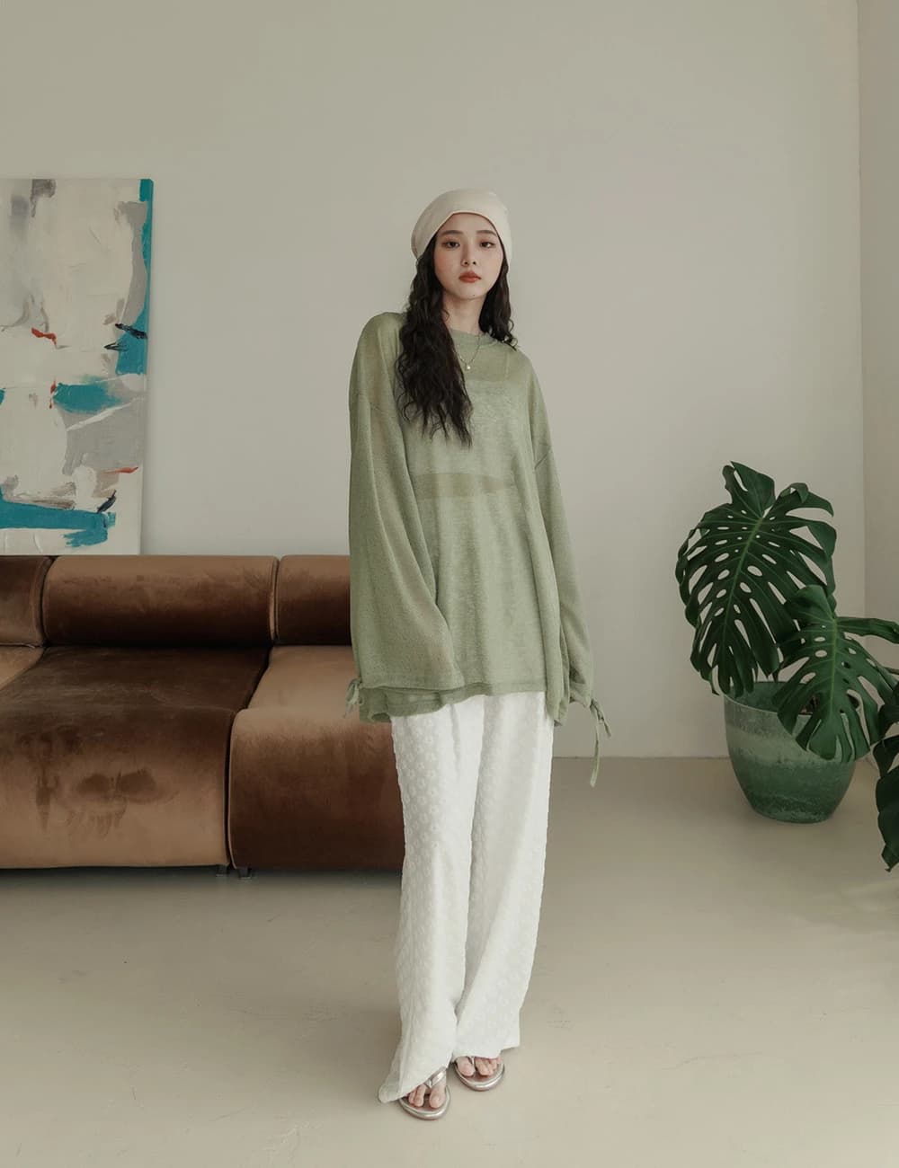 正韓-後綁帶微透針織上衣