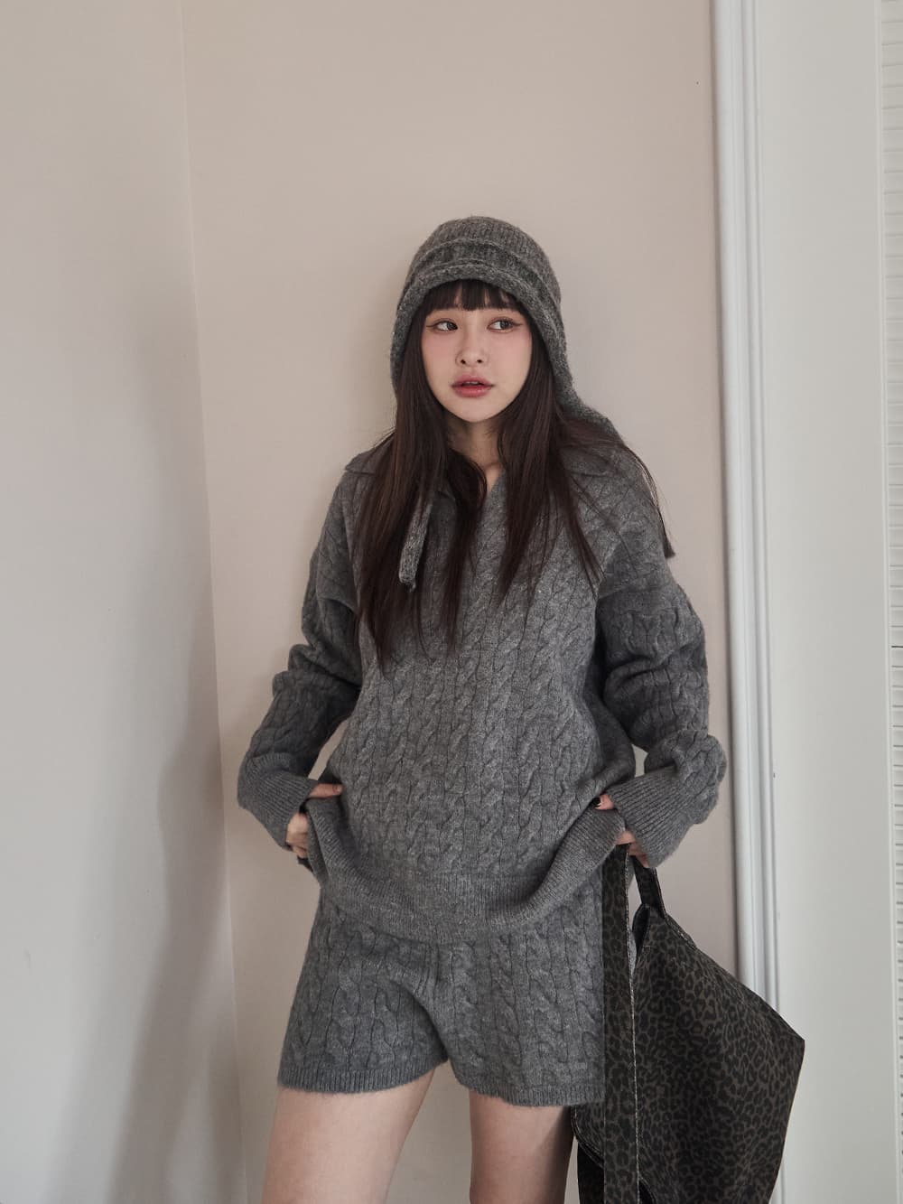 正韓-兩件式-麻花針織毛衣+短褲