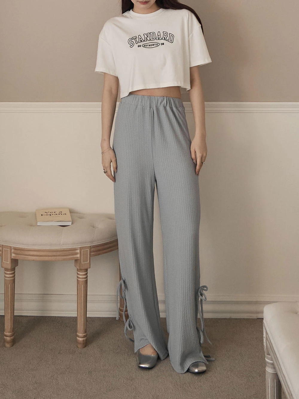 壓紋側開岔綁帶寬褲