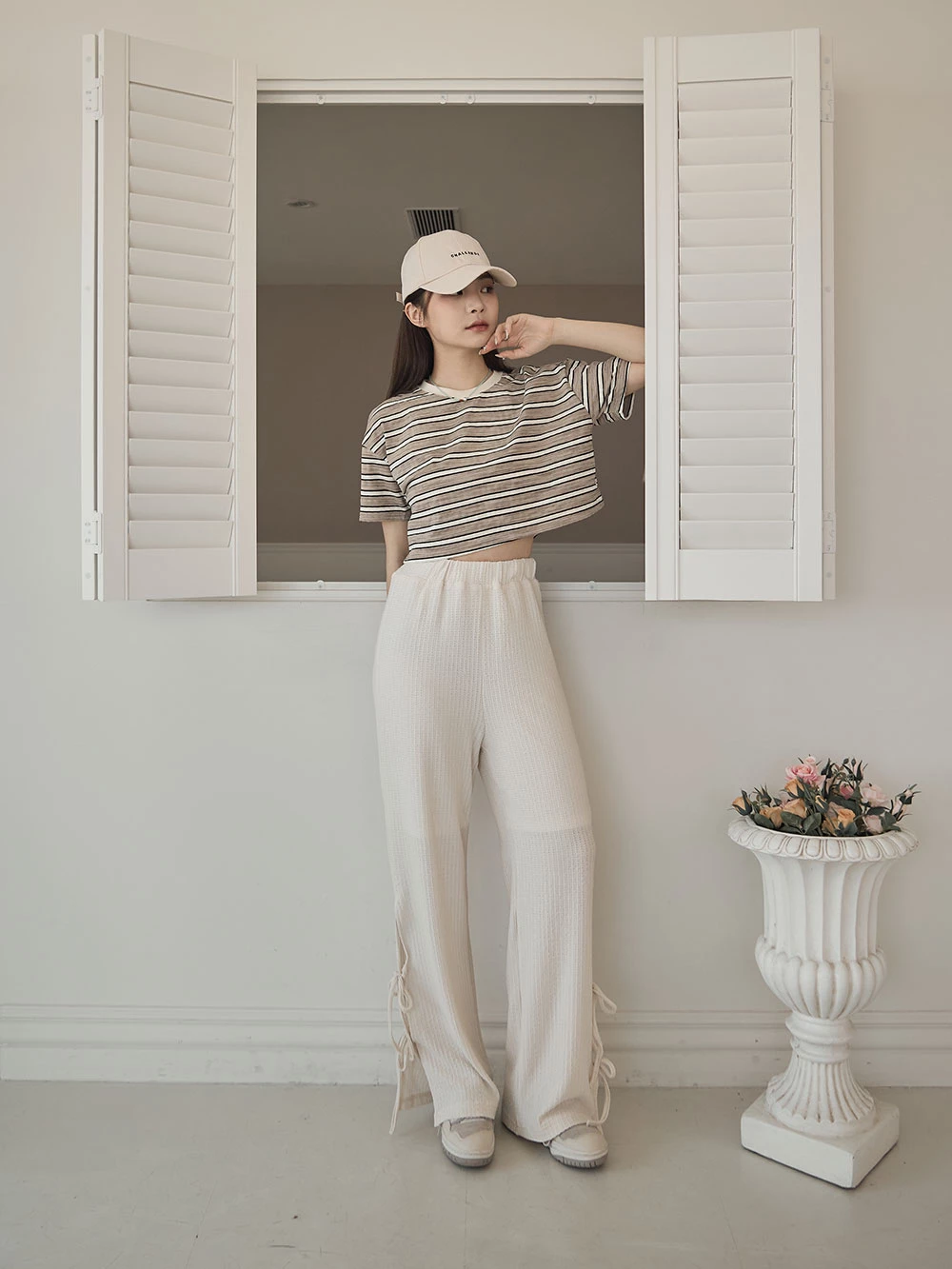 壓紋側開岔綁帶寬褲