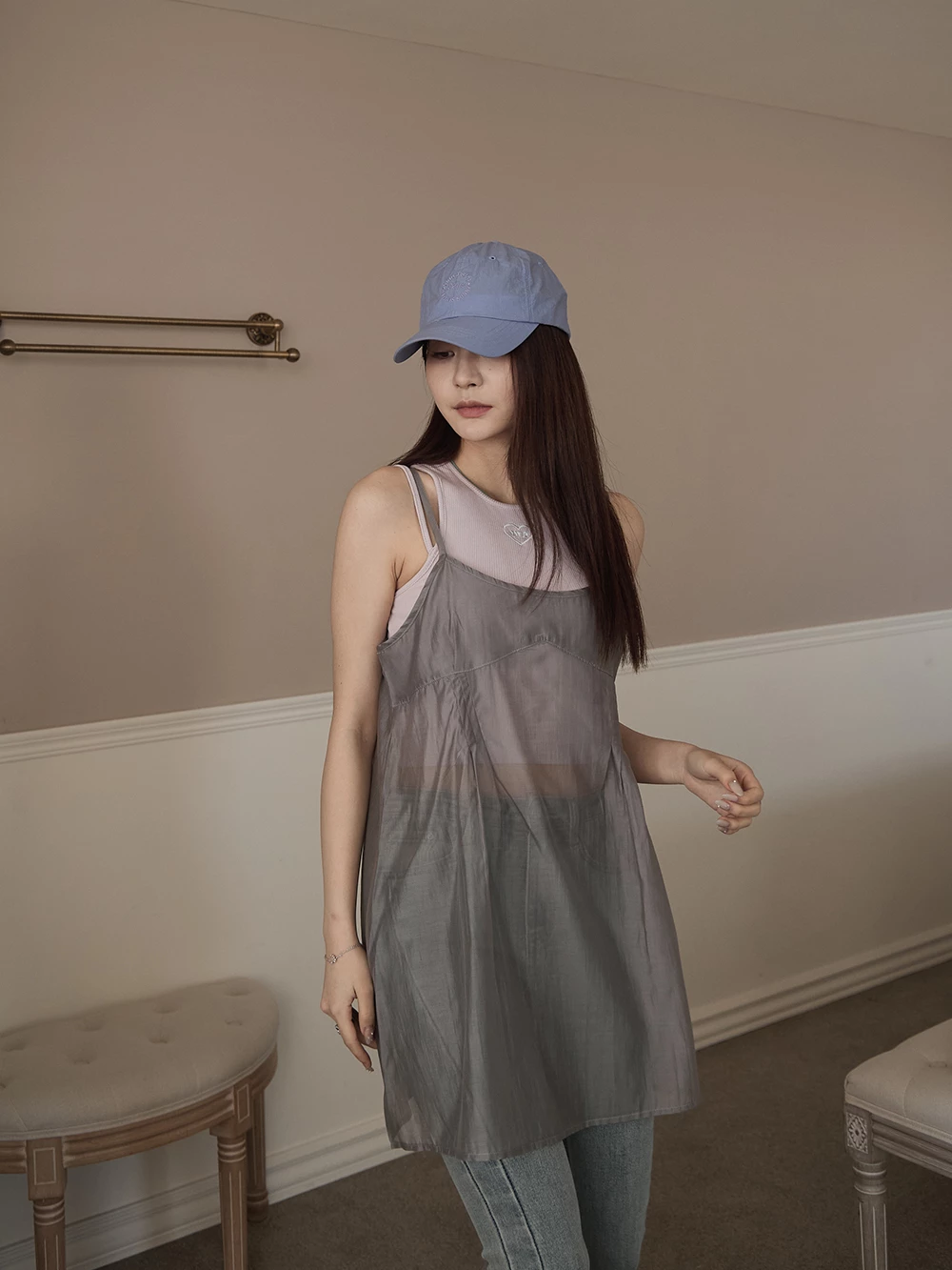 柔霧微透細肩洋裝