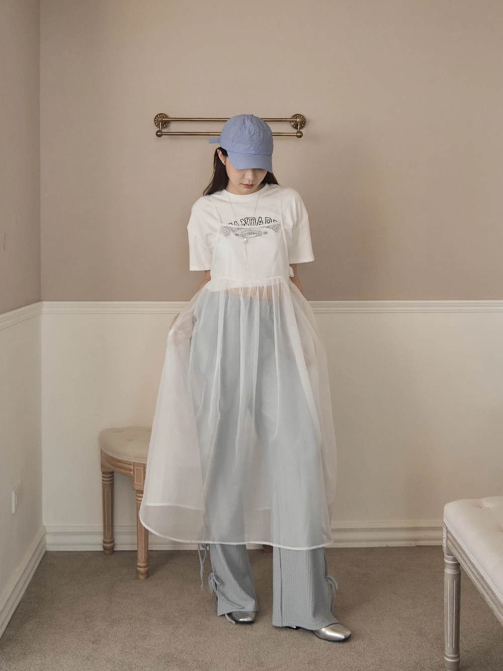 透紗外罩細肩洋裝