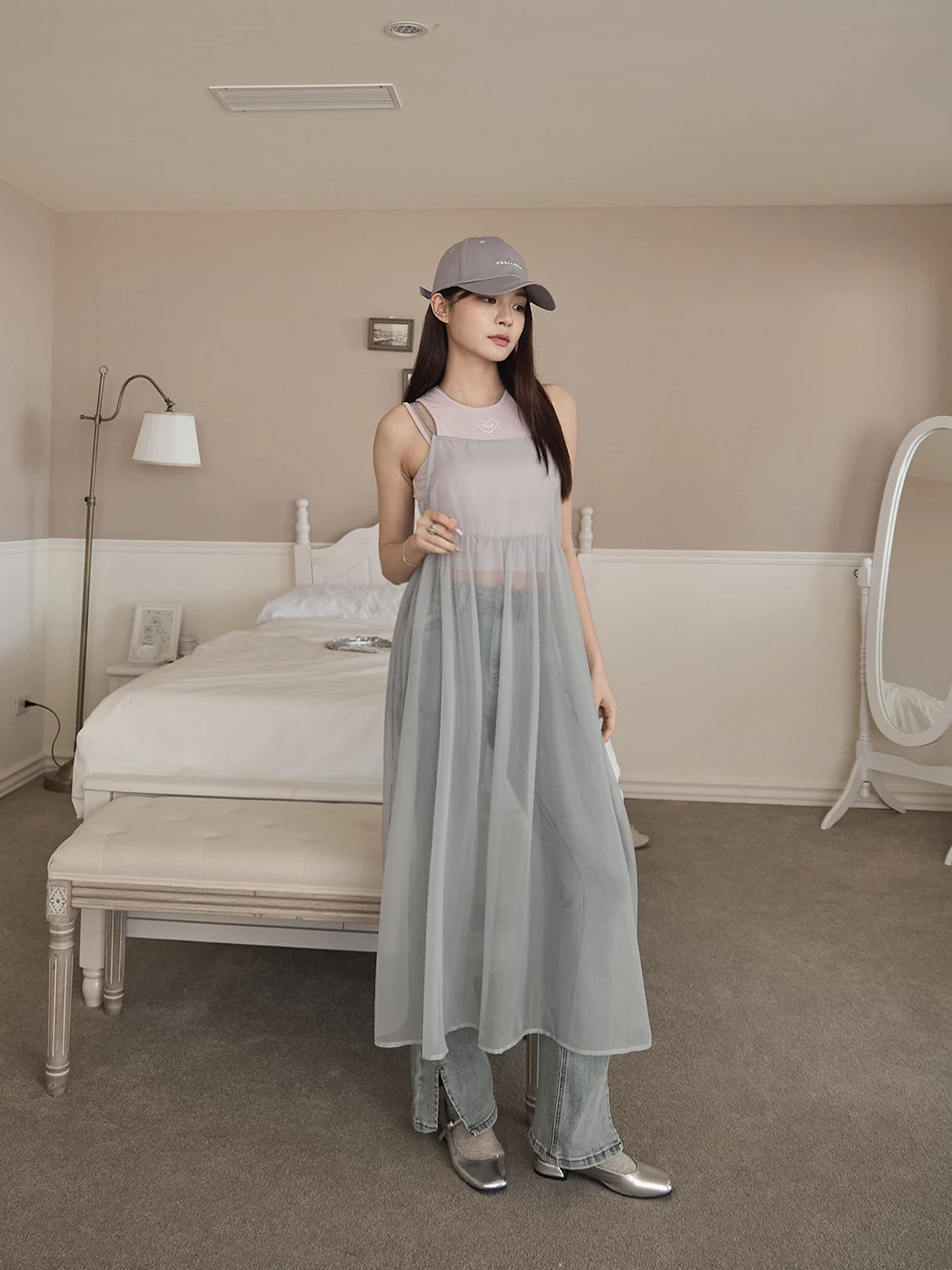 透紗外罩細肩洋裝