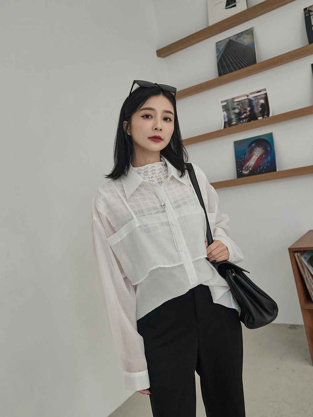 假兩件式透膚雪紡襯衫