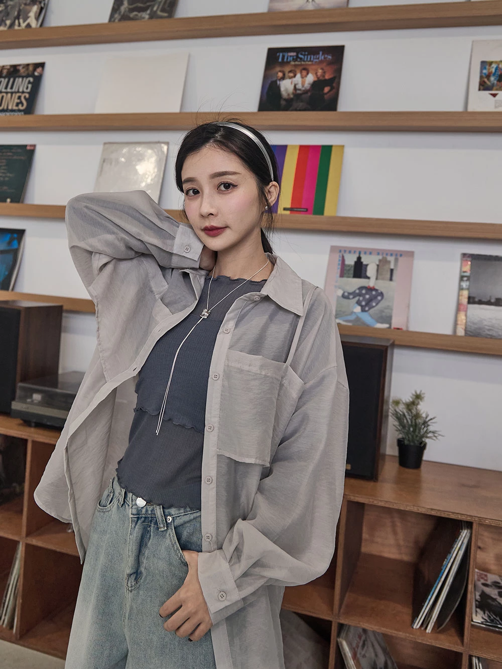 假兩件式透膚雪紡襯衫