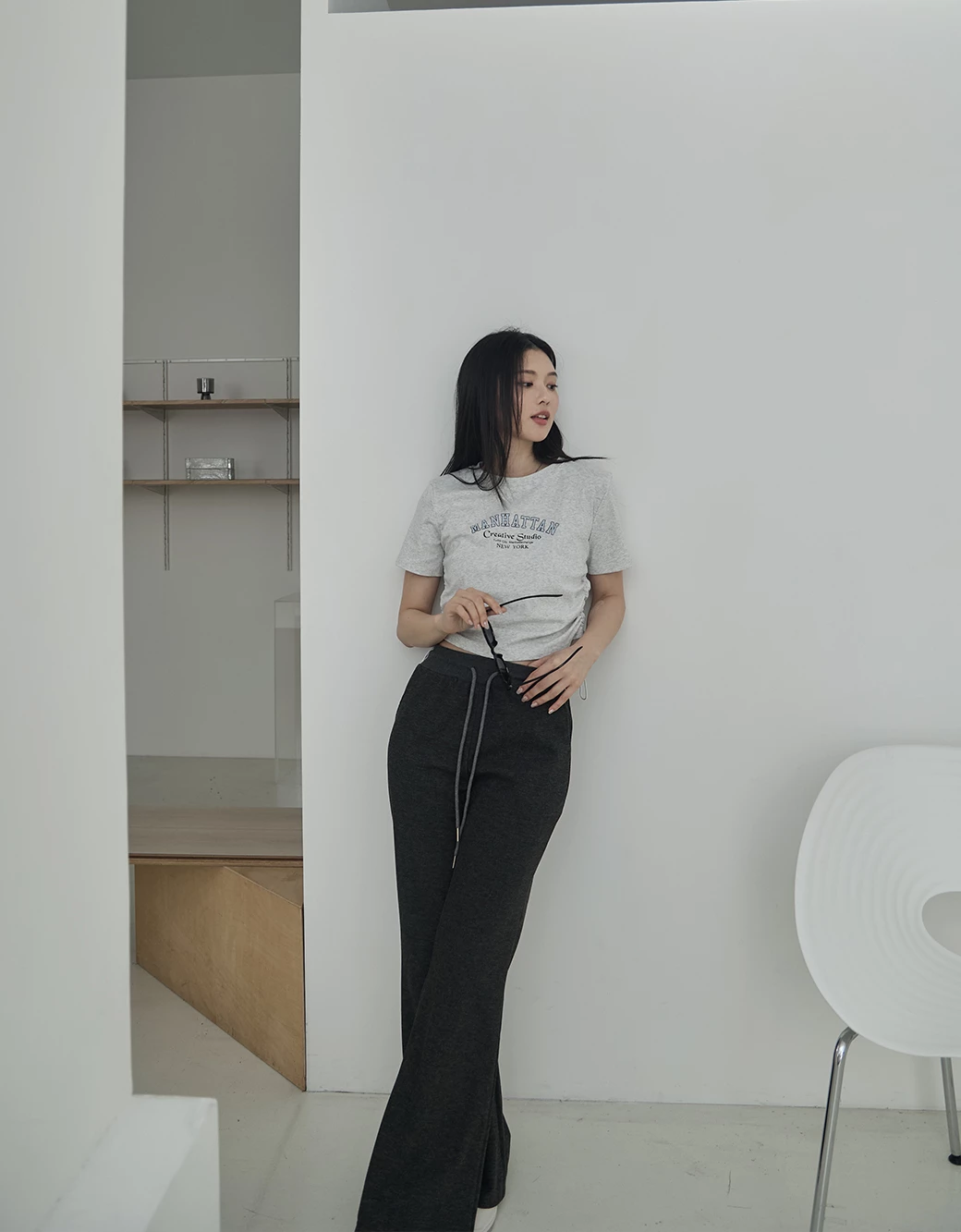 腰抽繩落地微喇叭長褲