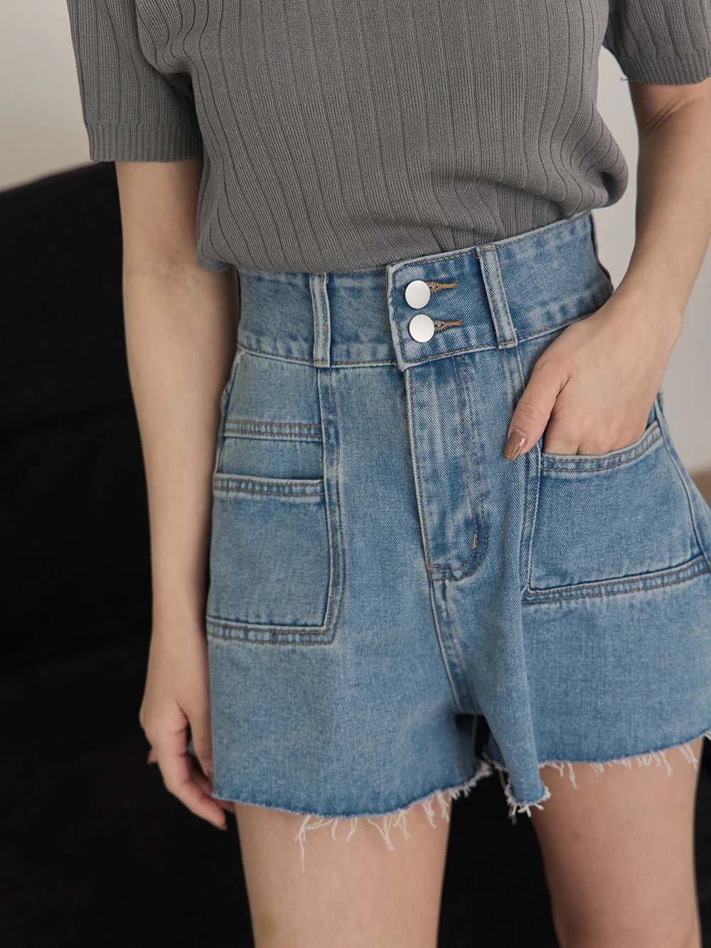 高腰雙釦牛仔短褲