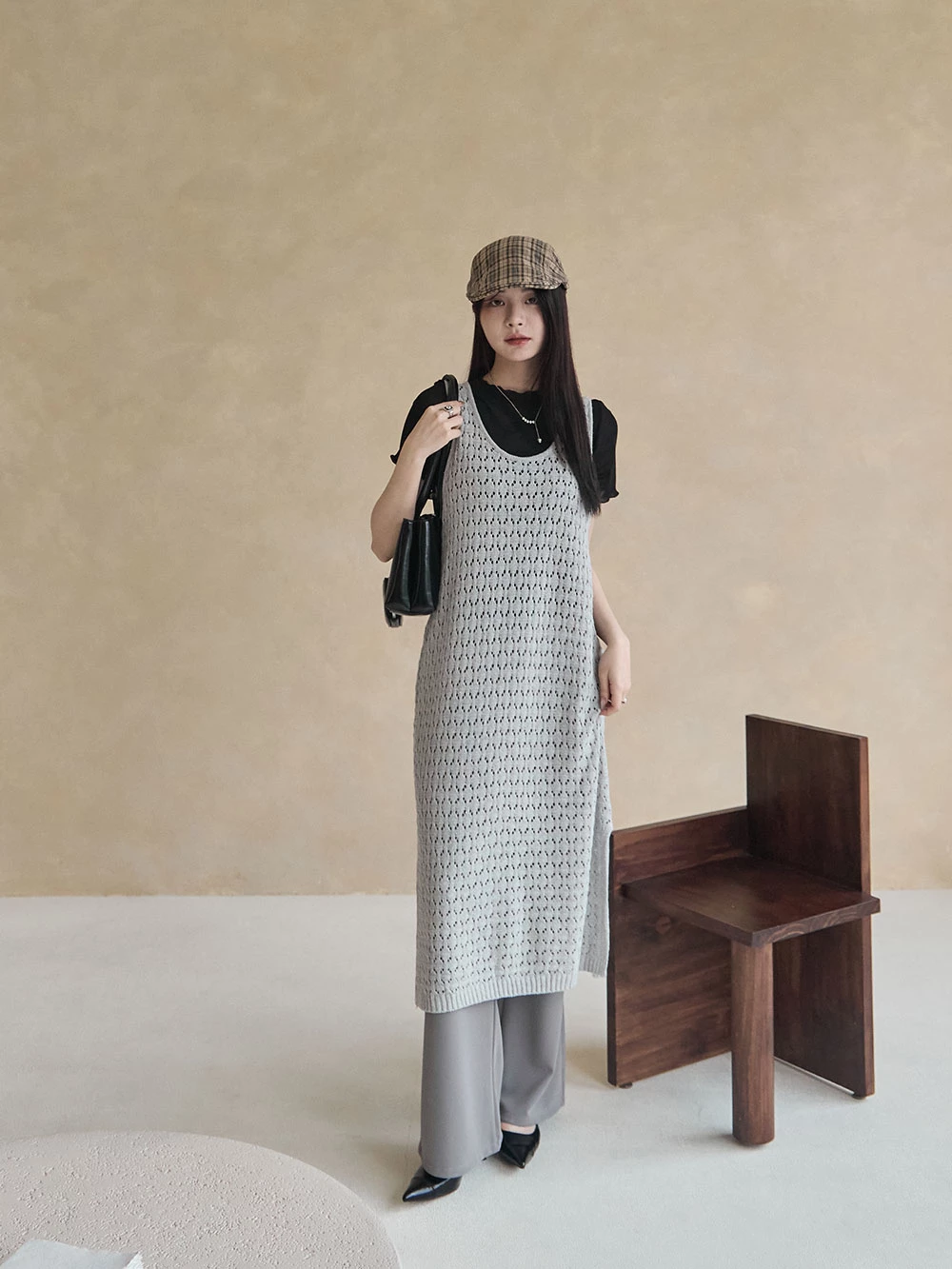 簍空側開岔針織背心洋裝