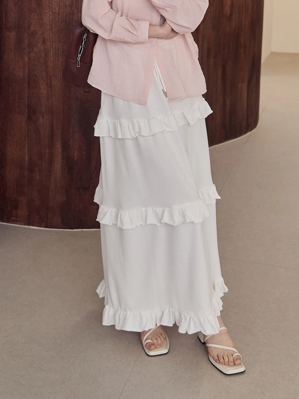 腰抽繩棉料荷葉長裙