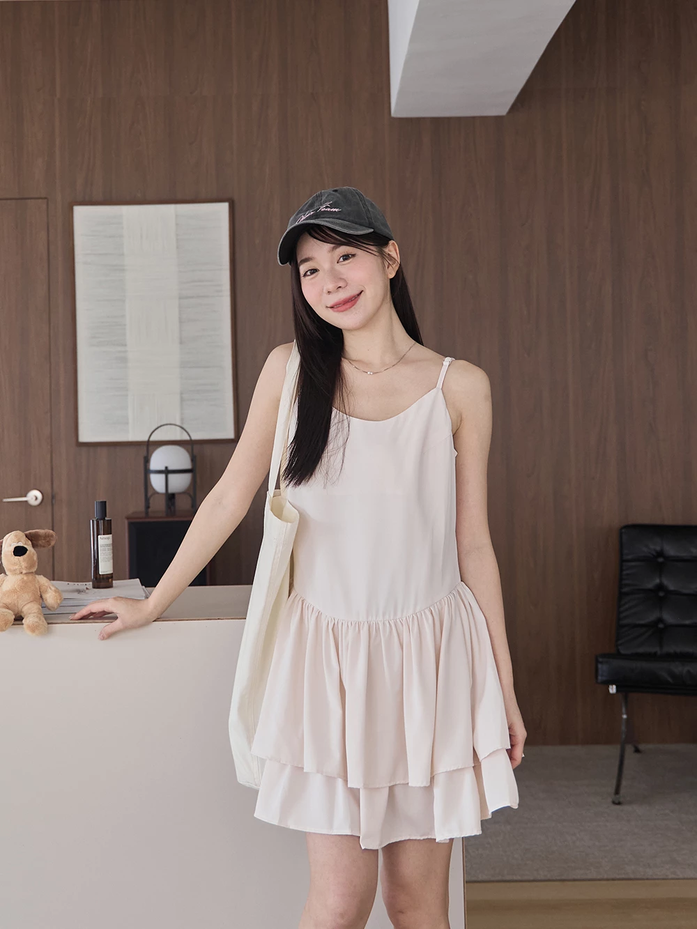 滑面雙層荷葉細肩洋裝