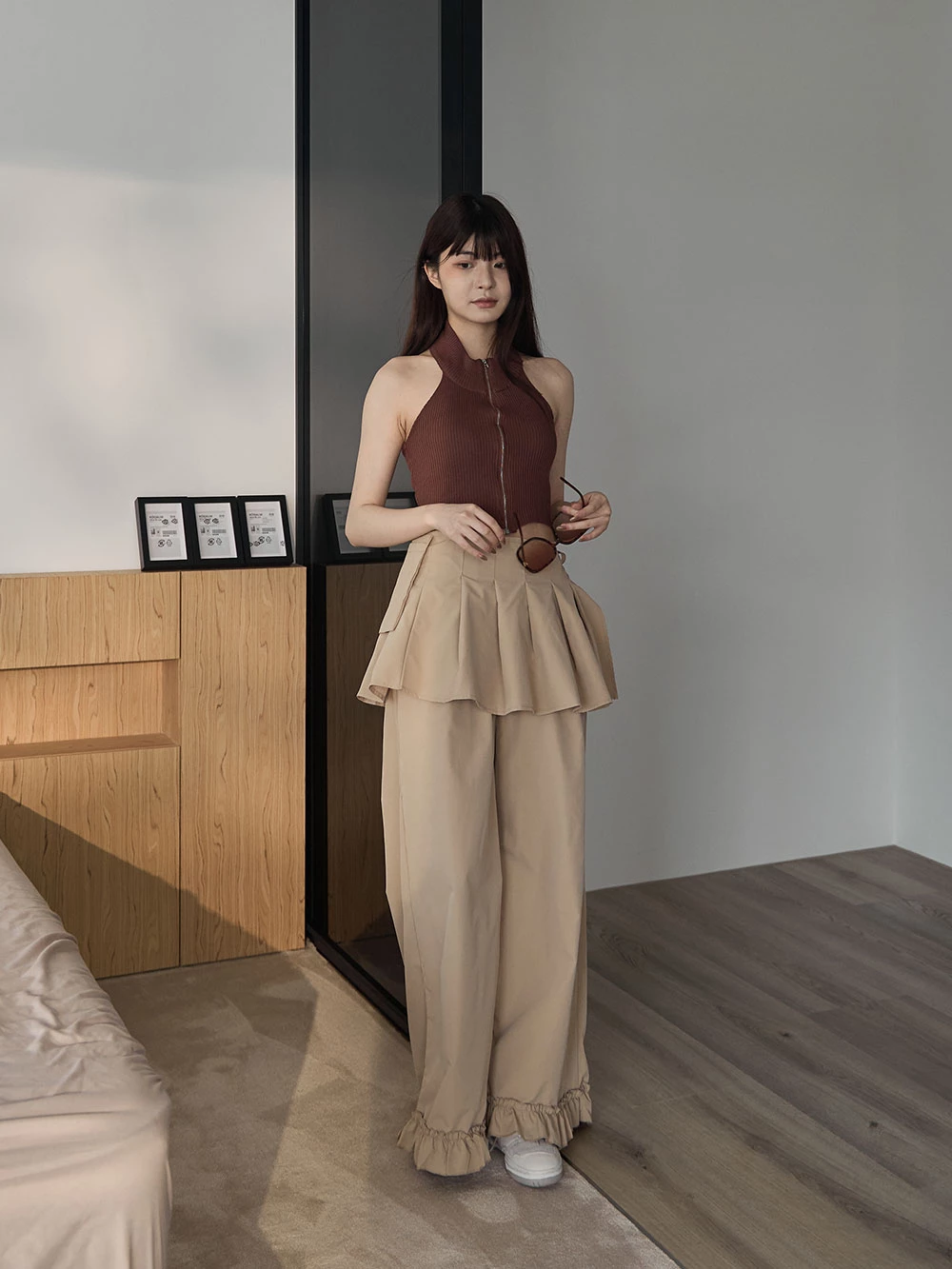 花邊直筒寬褲-附百褶裙裙簾