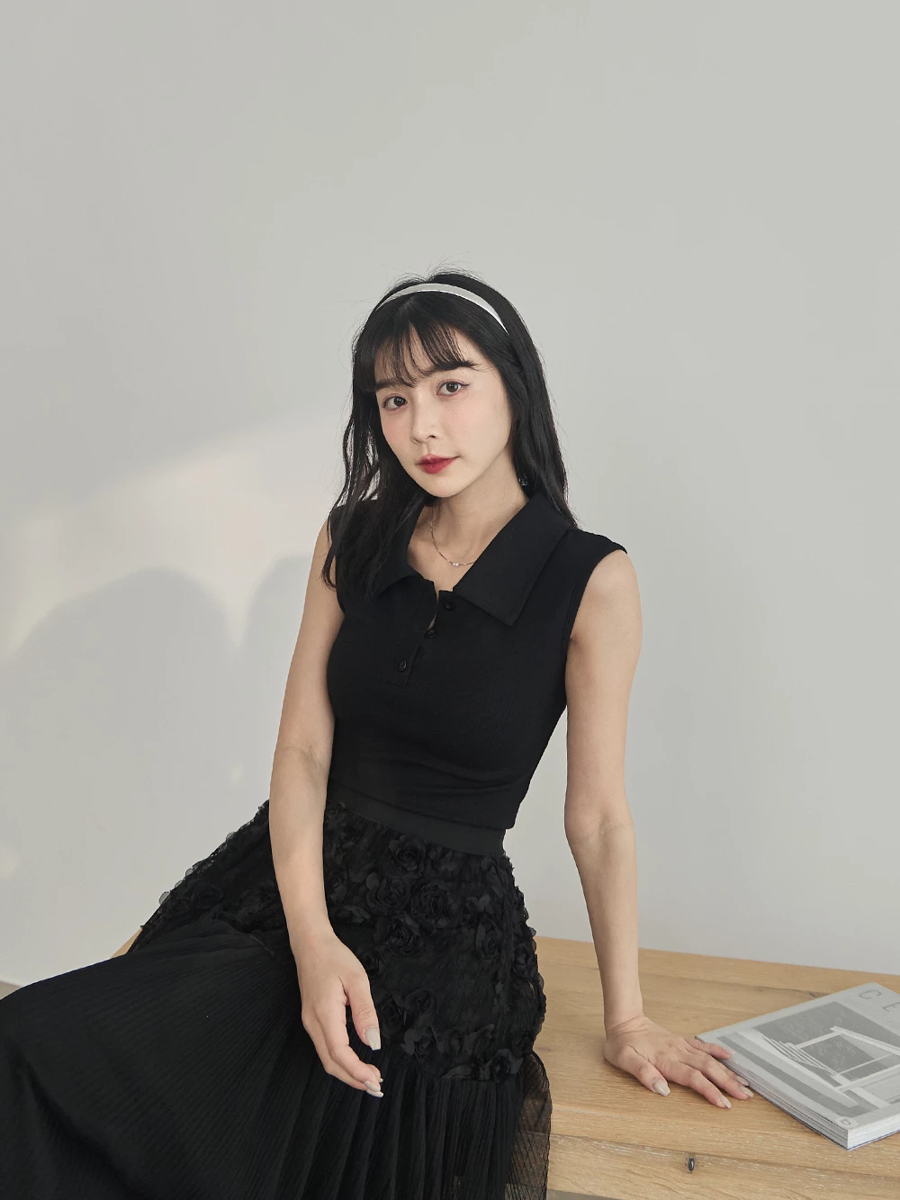 polo領針織無袖上衣