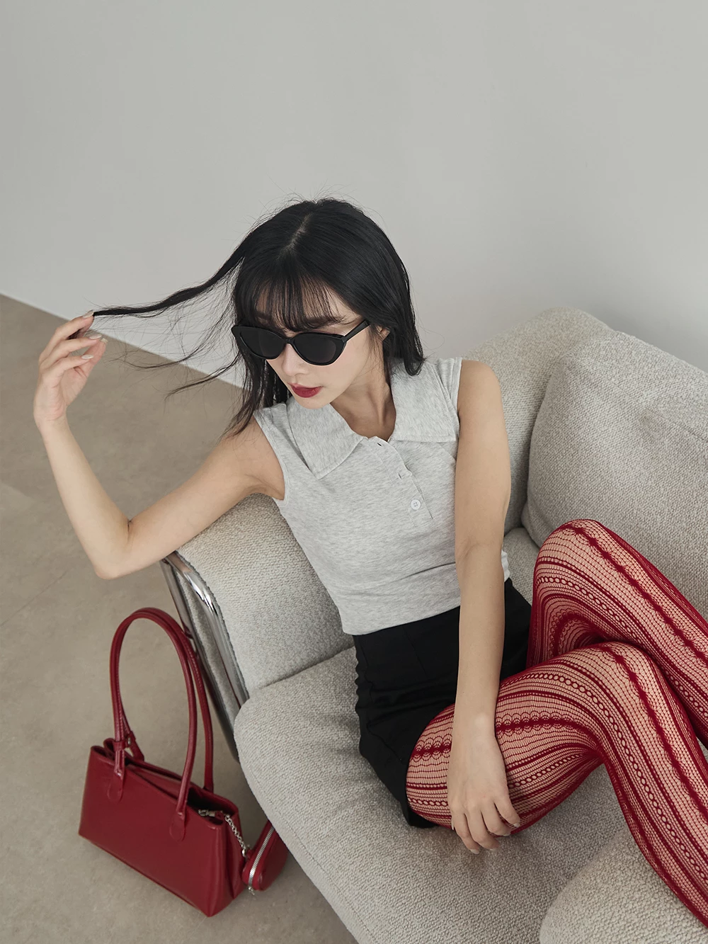 polo領針織無袖上衣