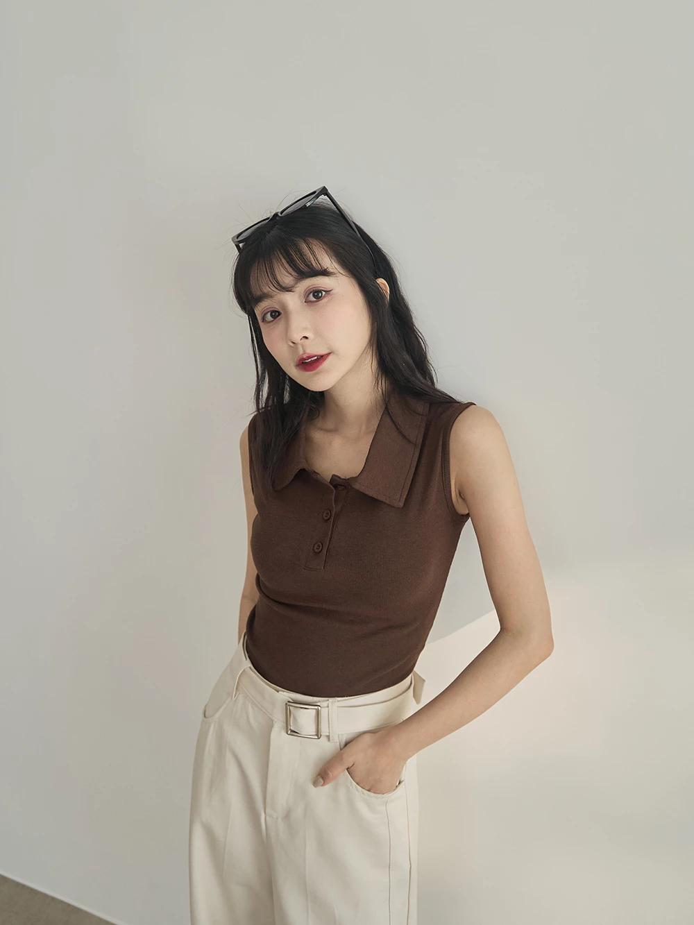 polo領針織無袖上衣