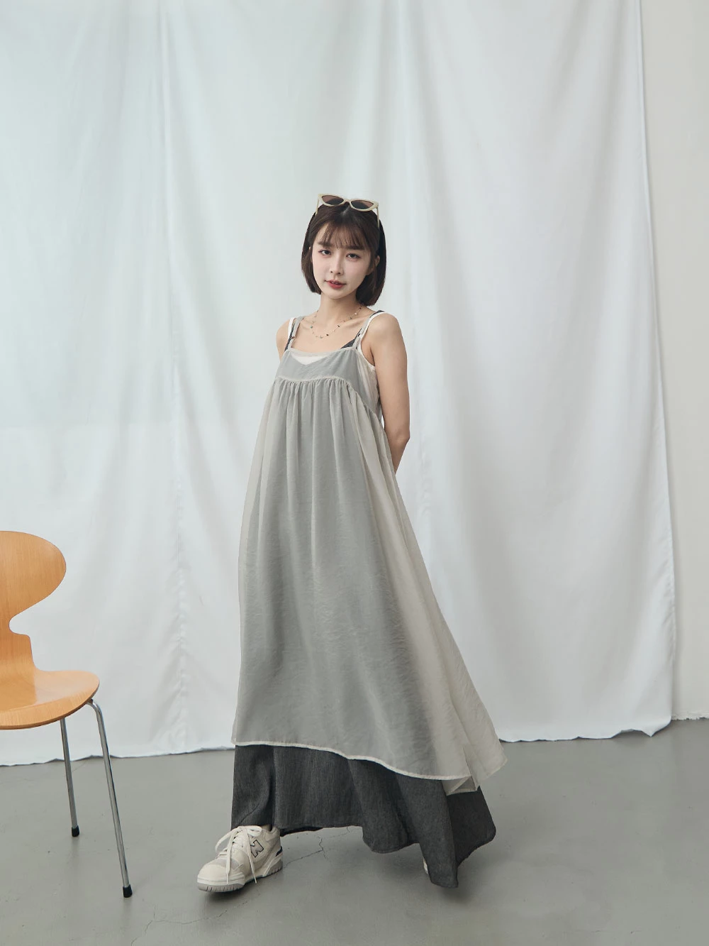 霧感透紗細肩外罩洋裝