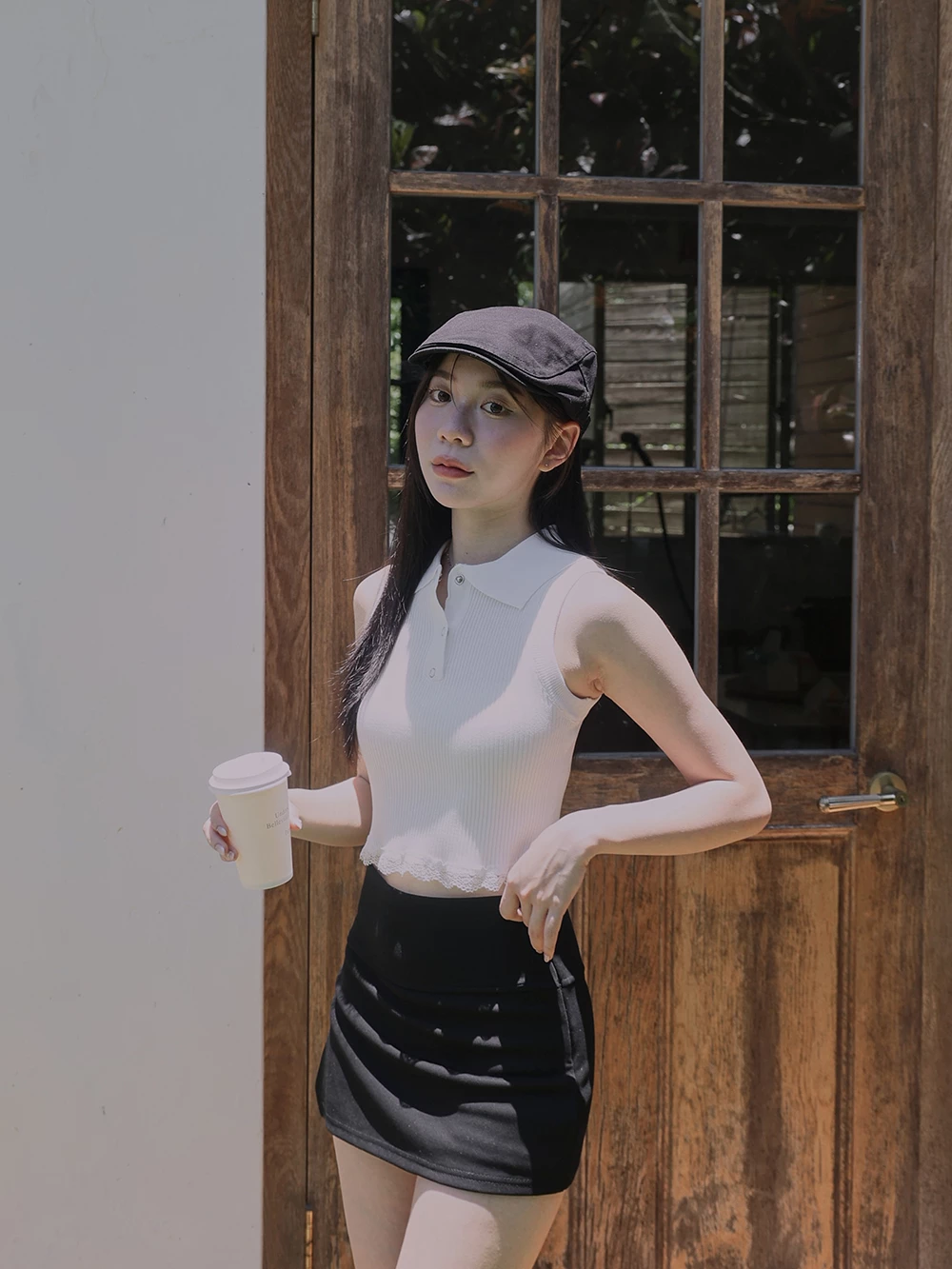 蕾絲下擺polo領背心