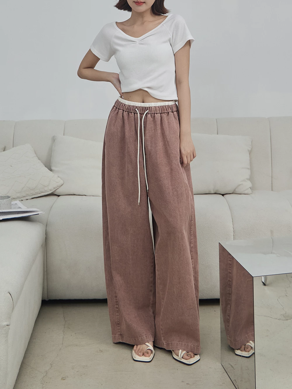 撞色抽繩牛仔褲