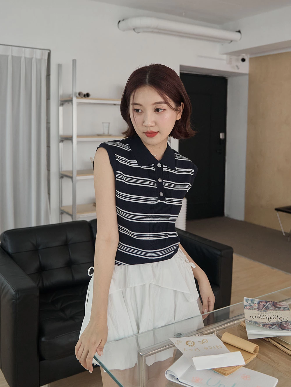 polo領條紋針織無袖背心