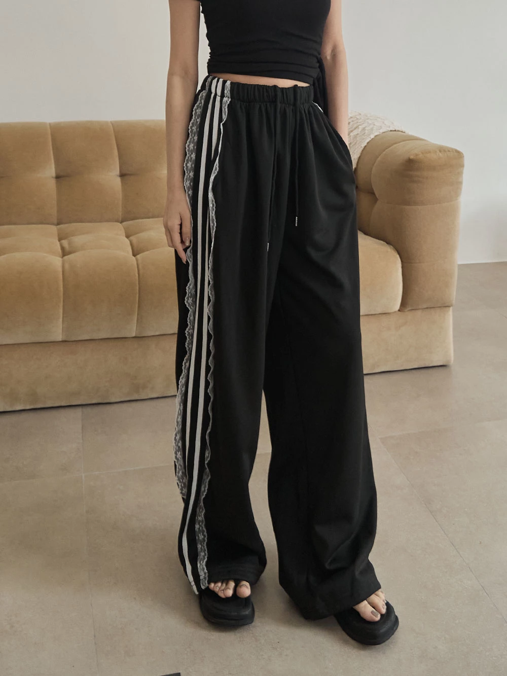 腰抽繩蕾絲花邊休閒寬褲