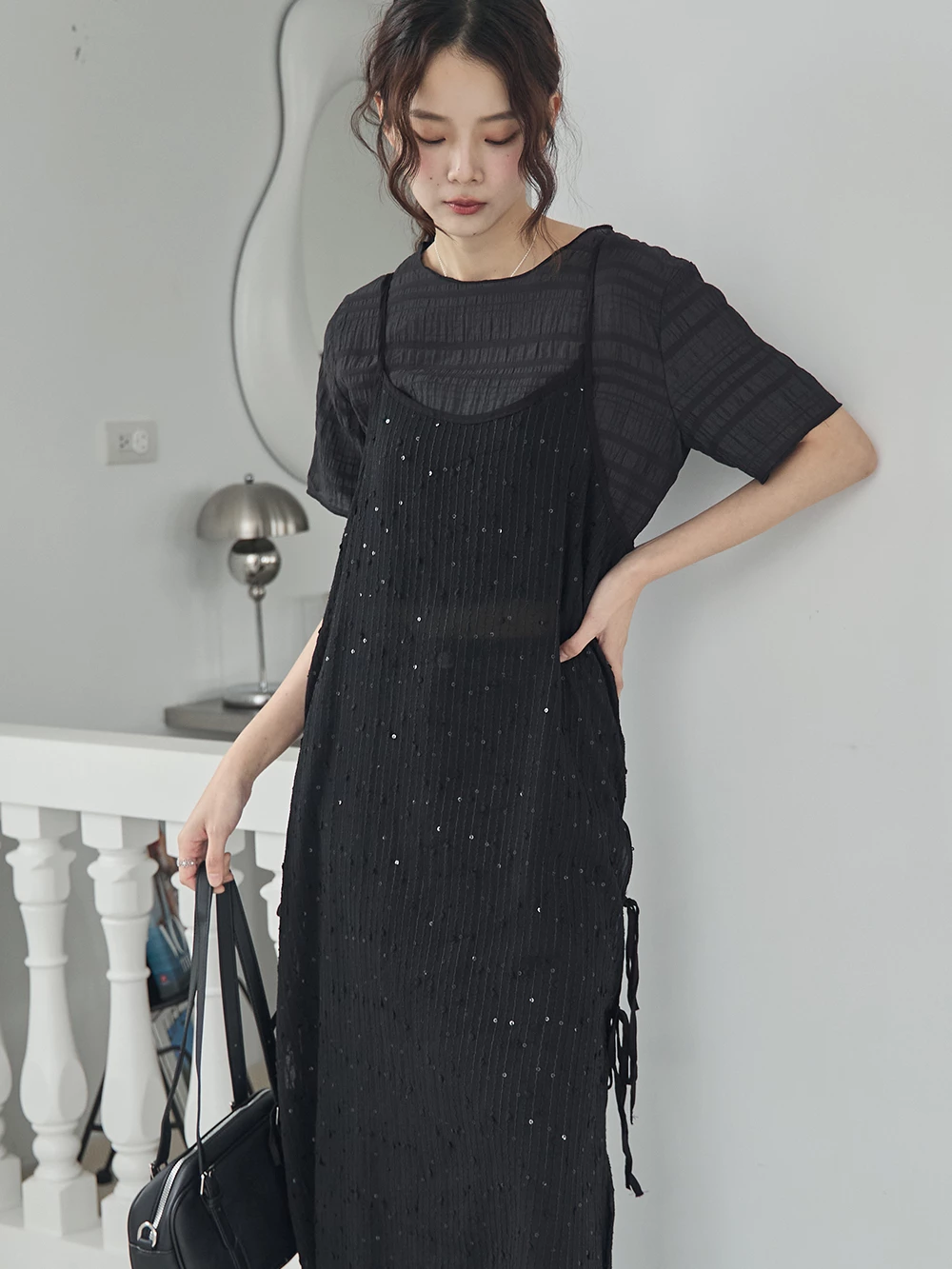 微透側綁帶亮片洋裝