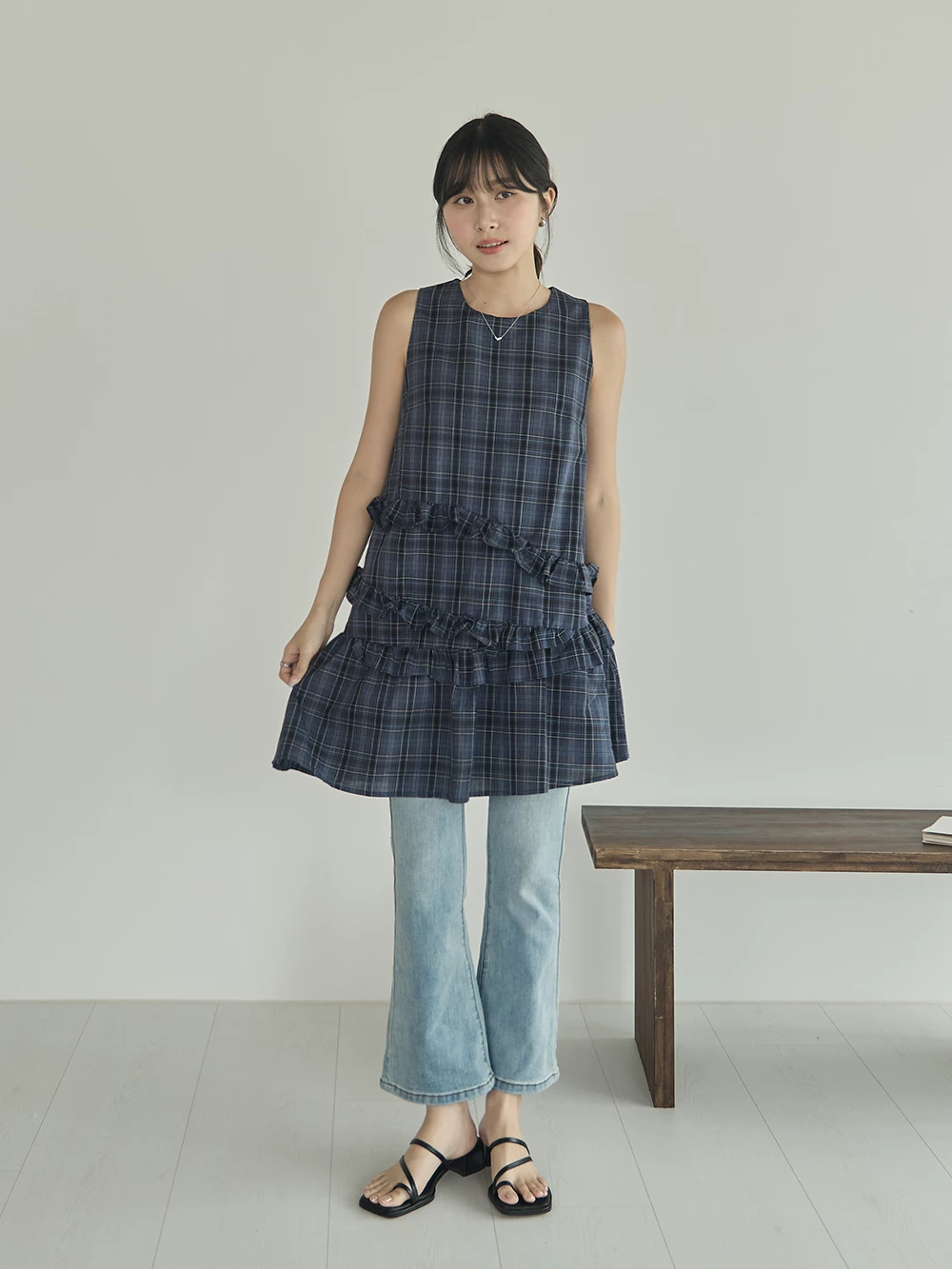 荷葉格紋背心洋裝