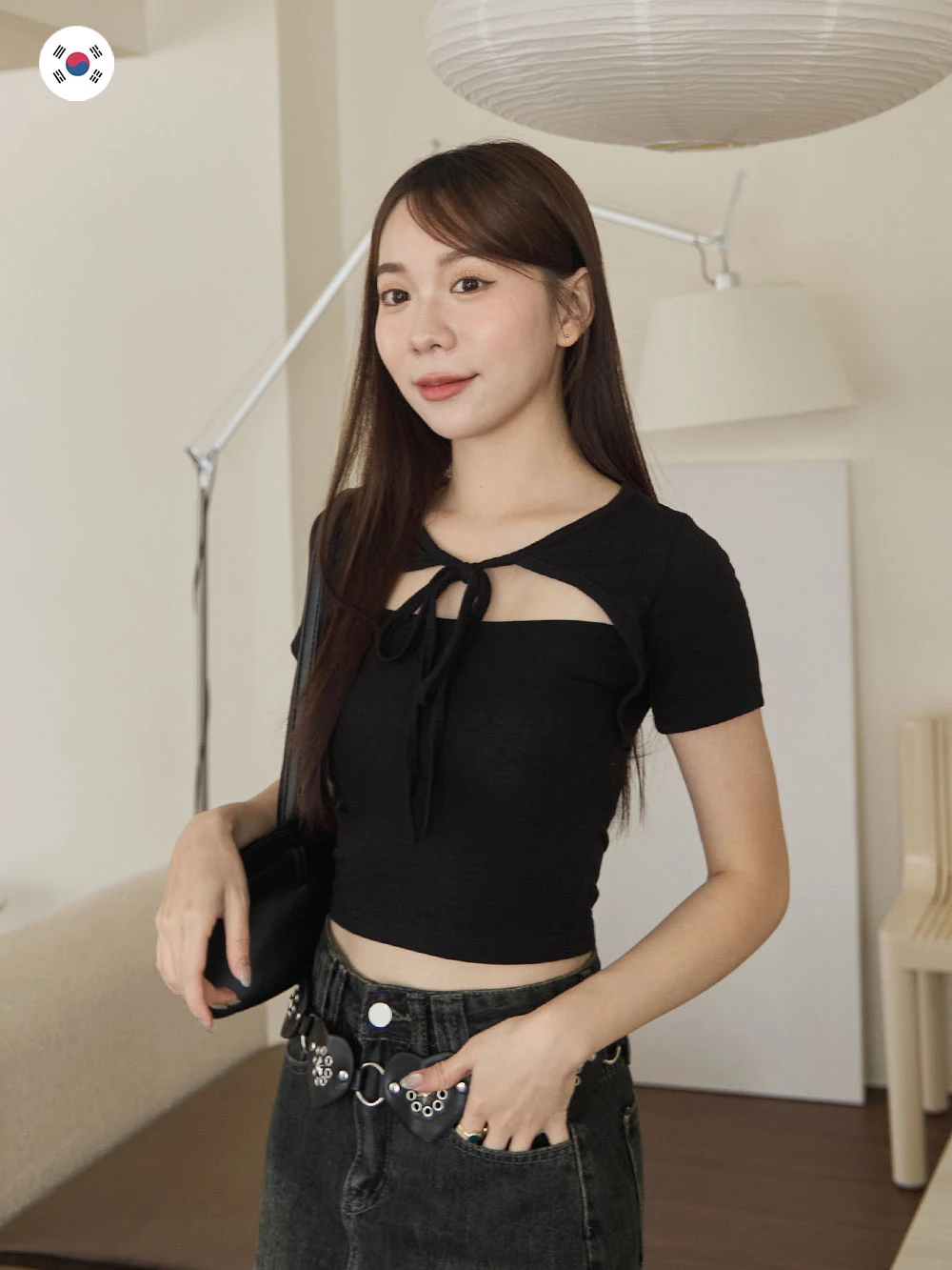 正韓-假兩件綁帶彈性上衣