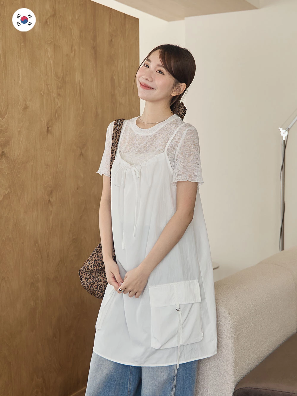 正韓-雙口袋細肩刷刷短洋裝
