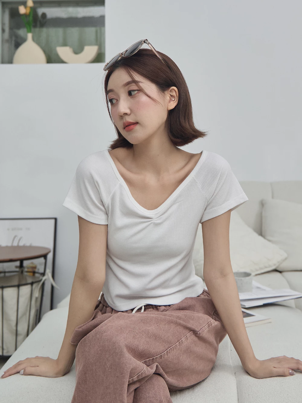 正韓-抓皺V領針織上衣