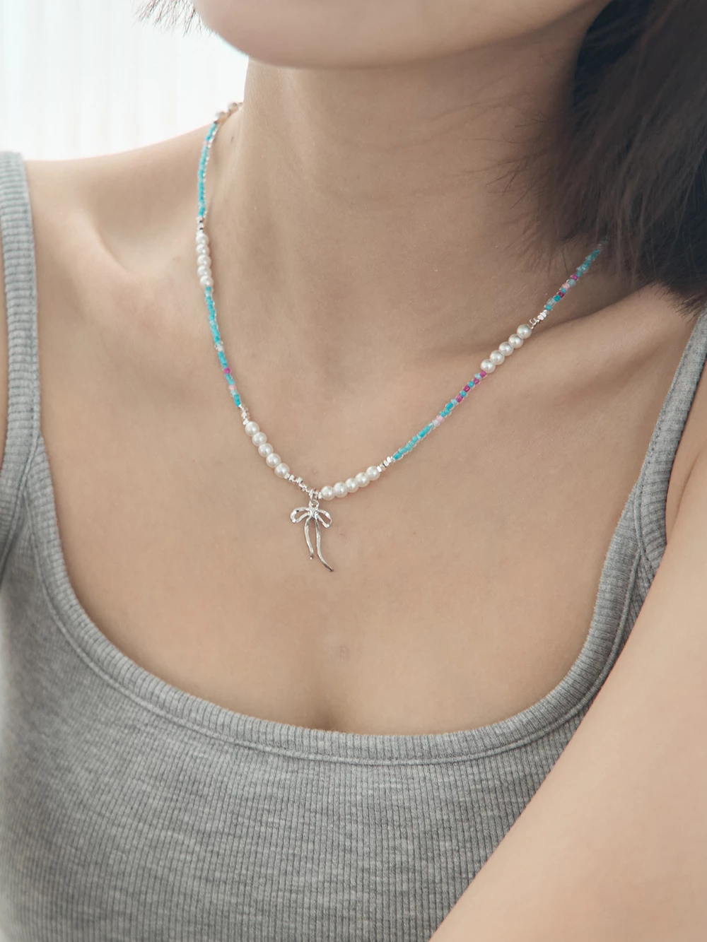蝴蝶結珍珠串珠項鍊