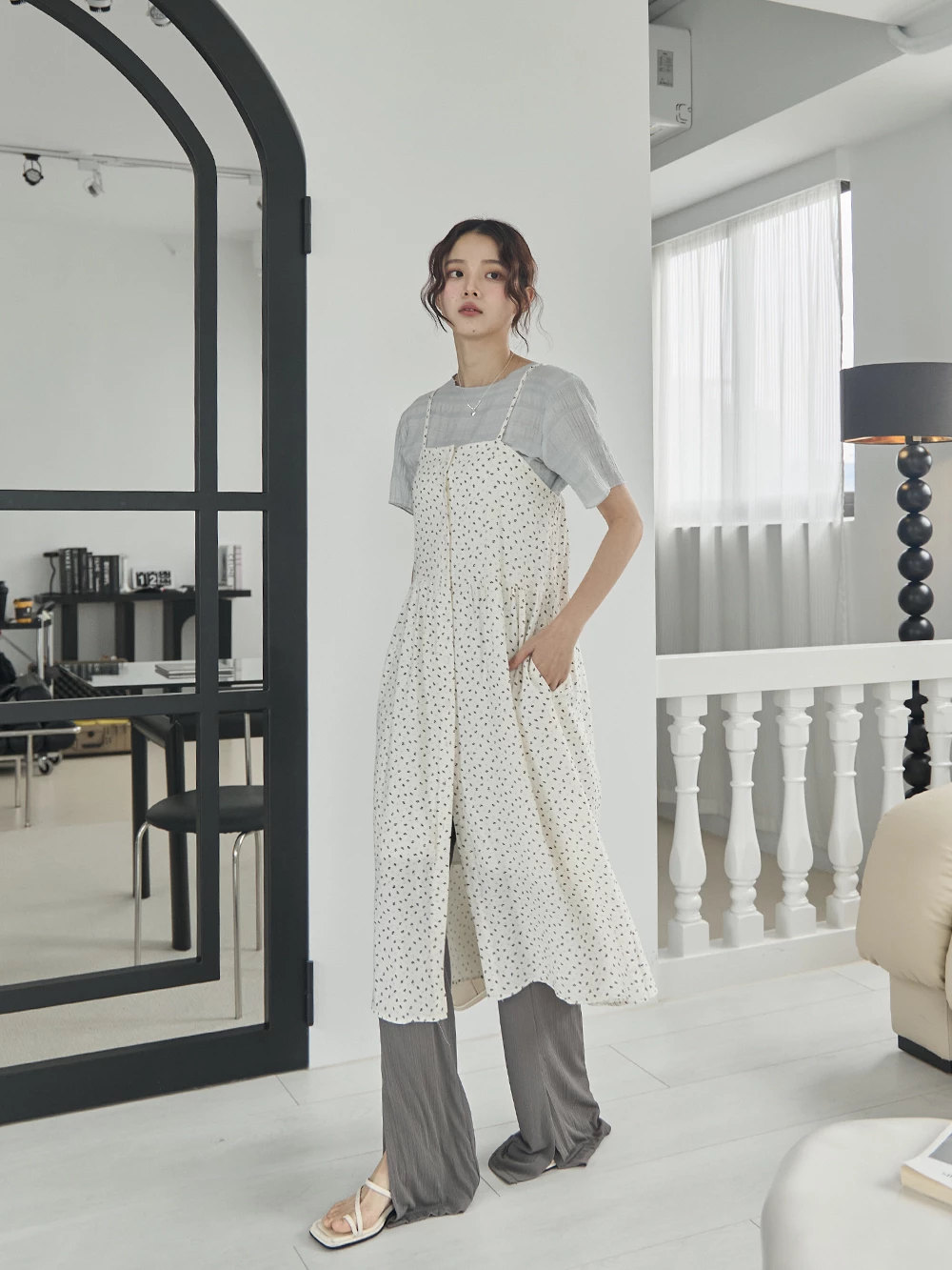 碎花排釦細肩洋裝