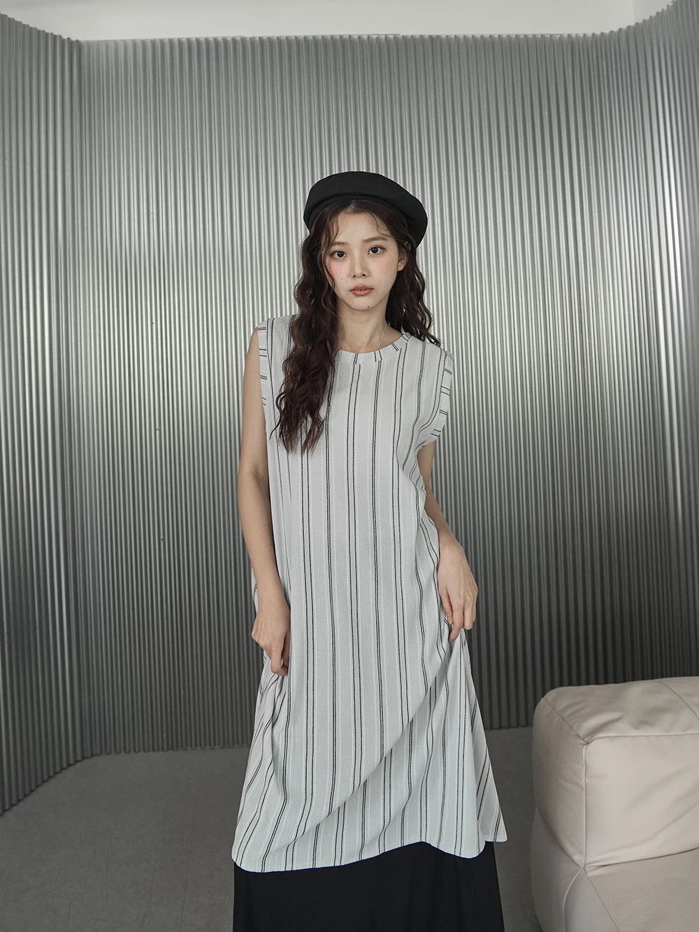 兩穿條紋開衩無袖洋裝