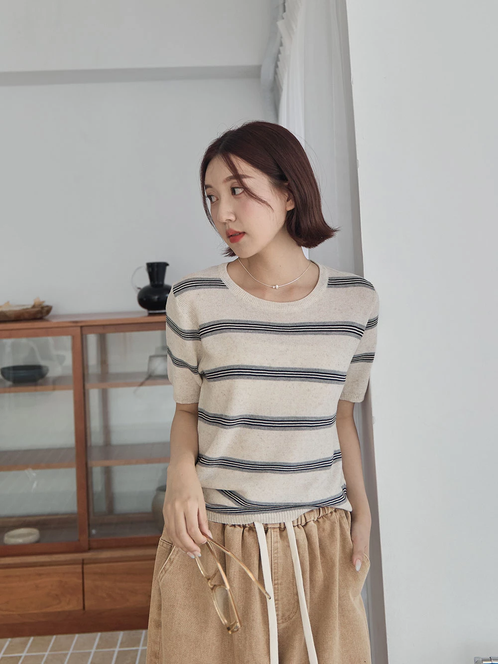 橫條薄針織上衣
