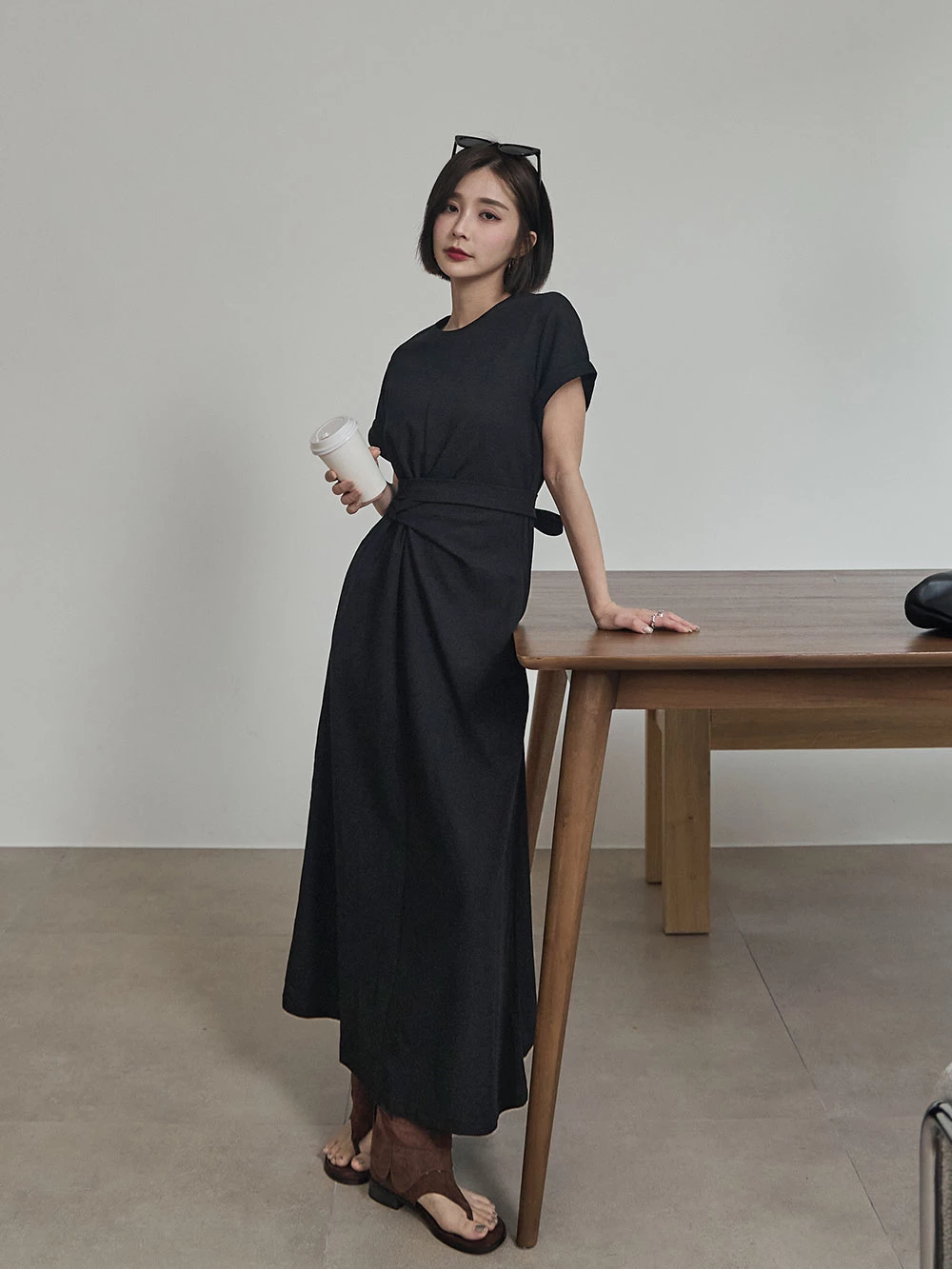 抓皺綁繩短袖洋裝