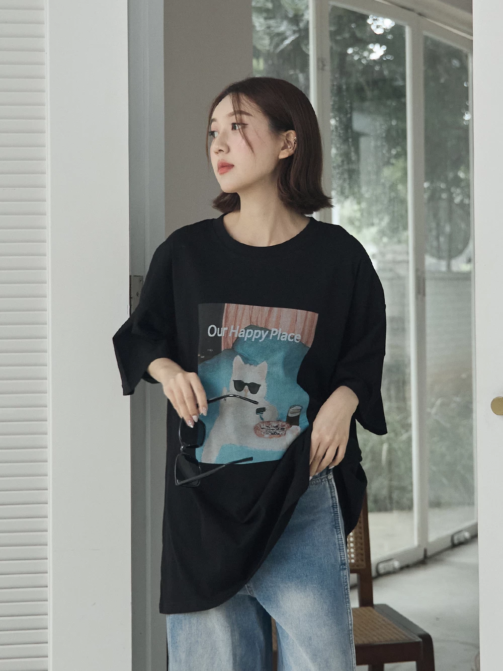 沙發貓咪印圖寬鬆上衣
