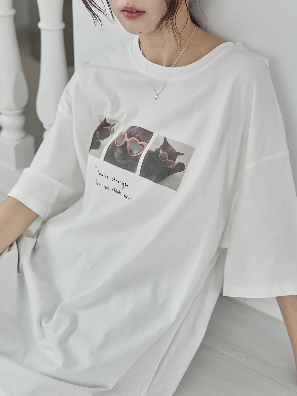愛心墨鏡貓咪印圖寬鬆上衣