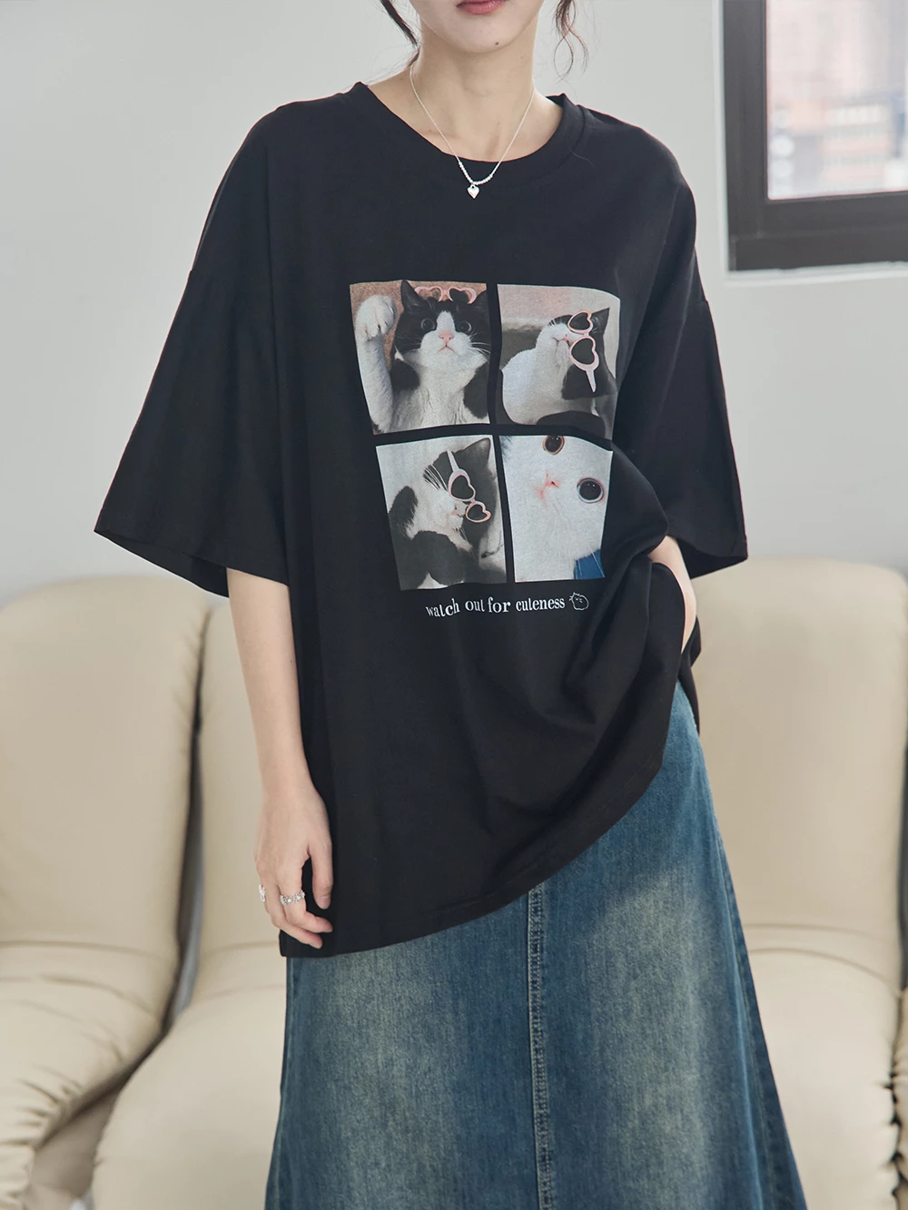 耍萌貓咪印圖寬鬆上衣