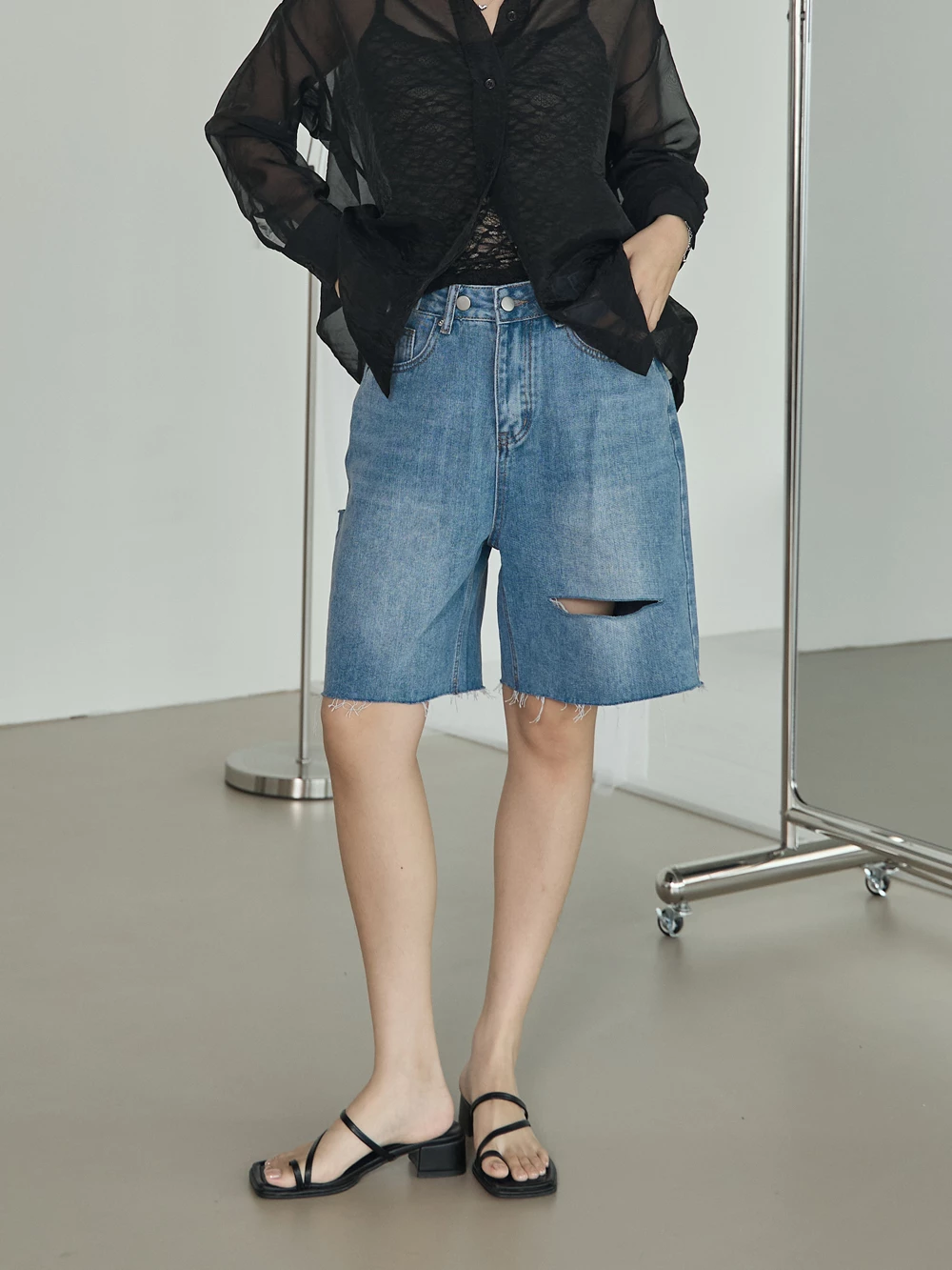 調節釦五分牛仔褲