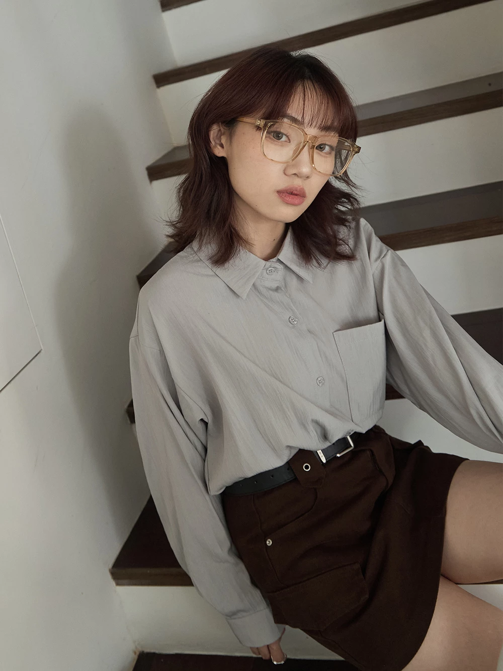 單口袋落肩長袖襯衫