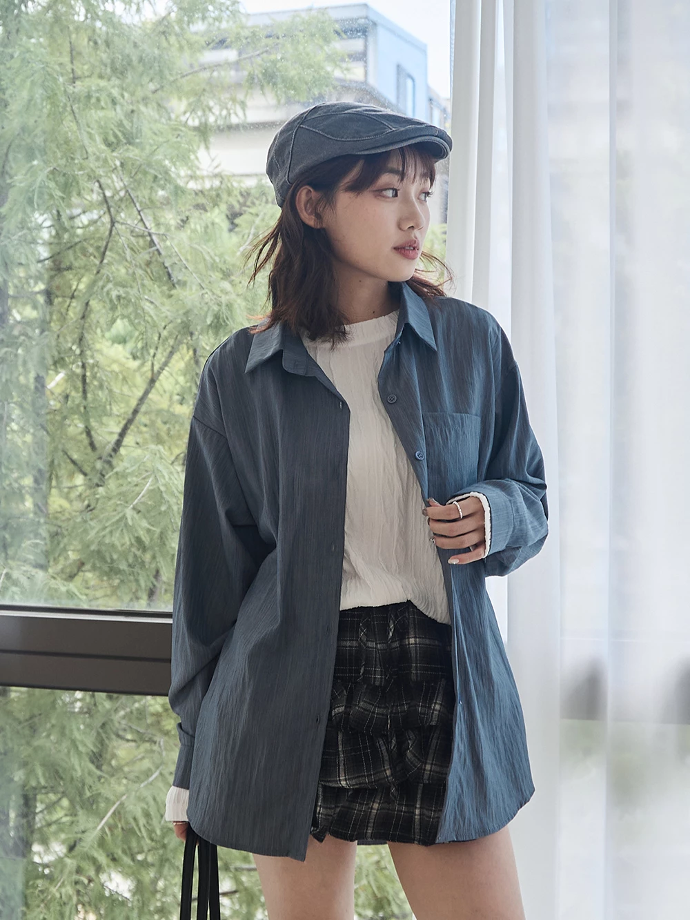 單口袋落肩長袖襯衫