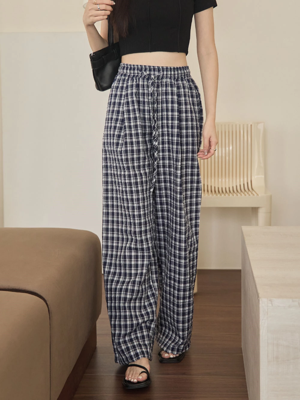 抽繩格紋寬褲