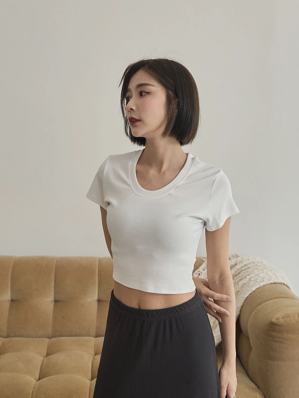 彈性坑條U領短版Tee