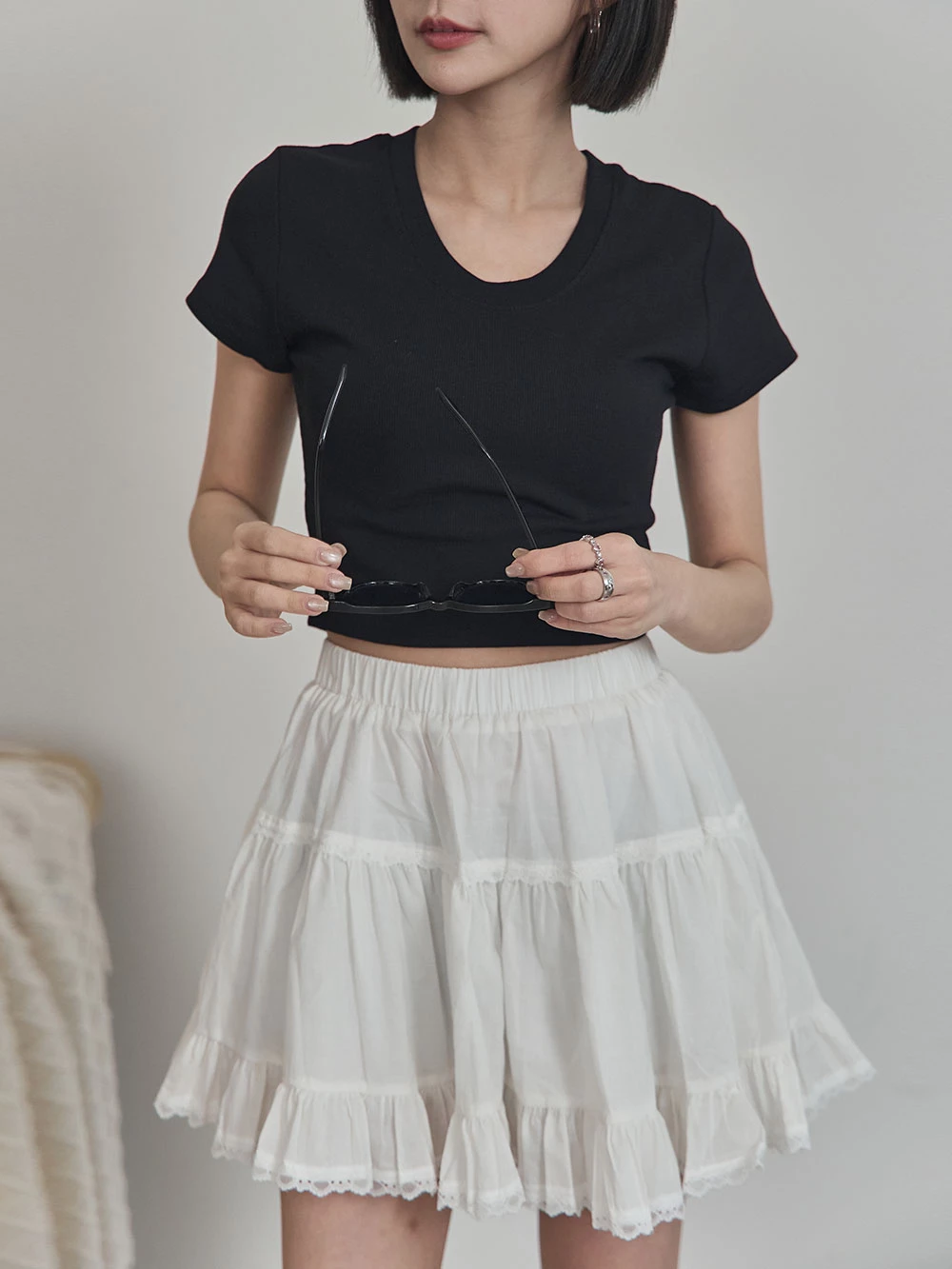 彈性坑條U領短版Tee