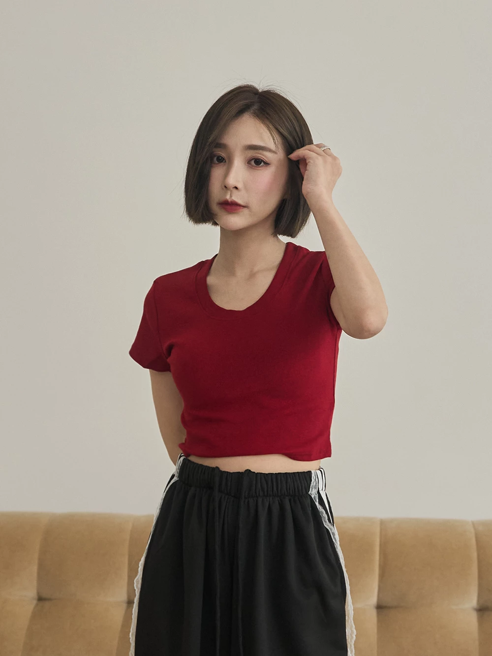 彈性坑條U領短版Tee