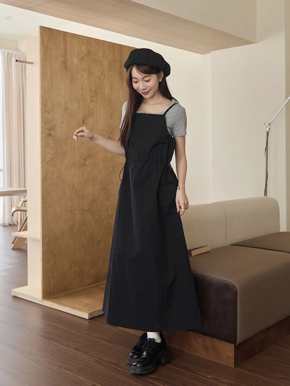 大口袋平口細肩洋裝
