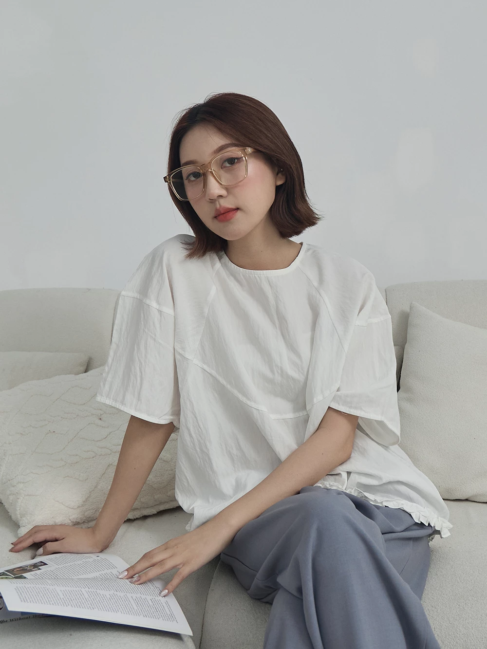 後綁帶捲邊短袖上衣