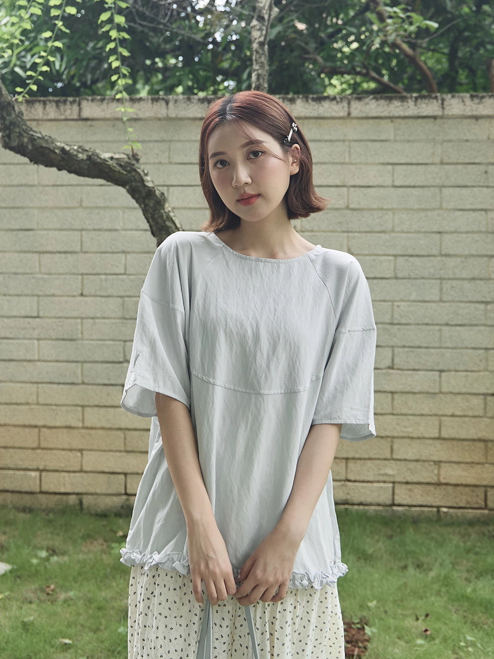 後綁帶捲邊短袖上衣