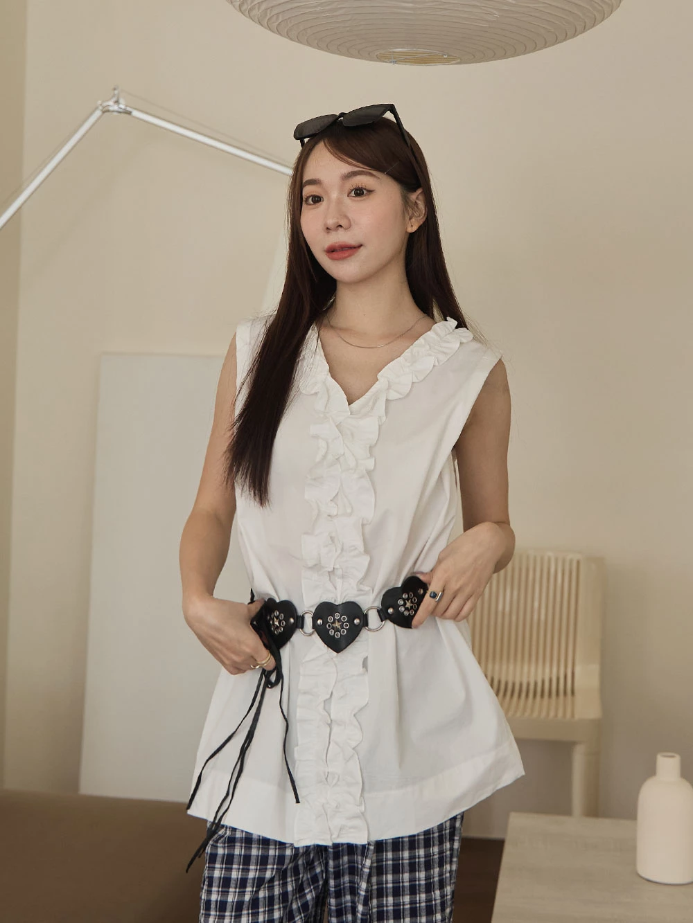 立體花邊V領背心