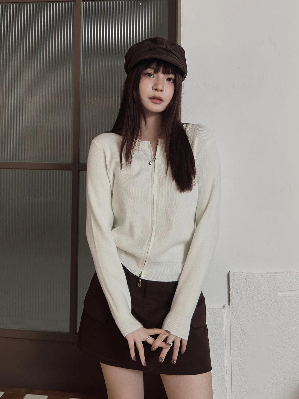 雙拉鏈圓領針織外套