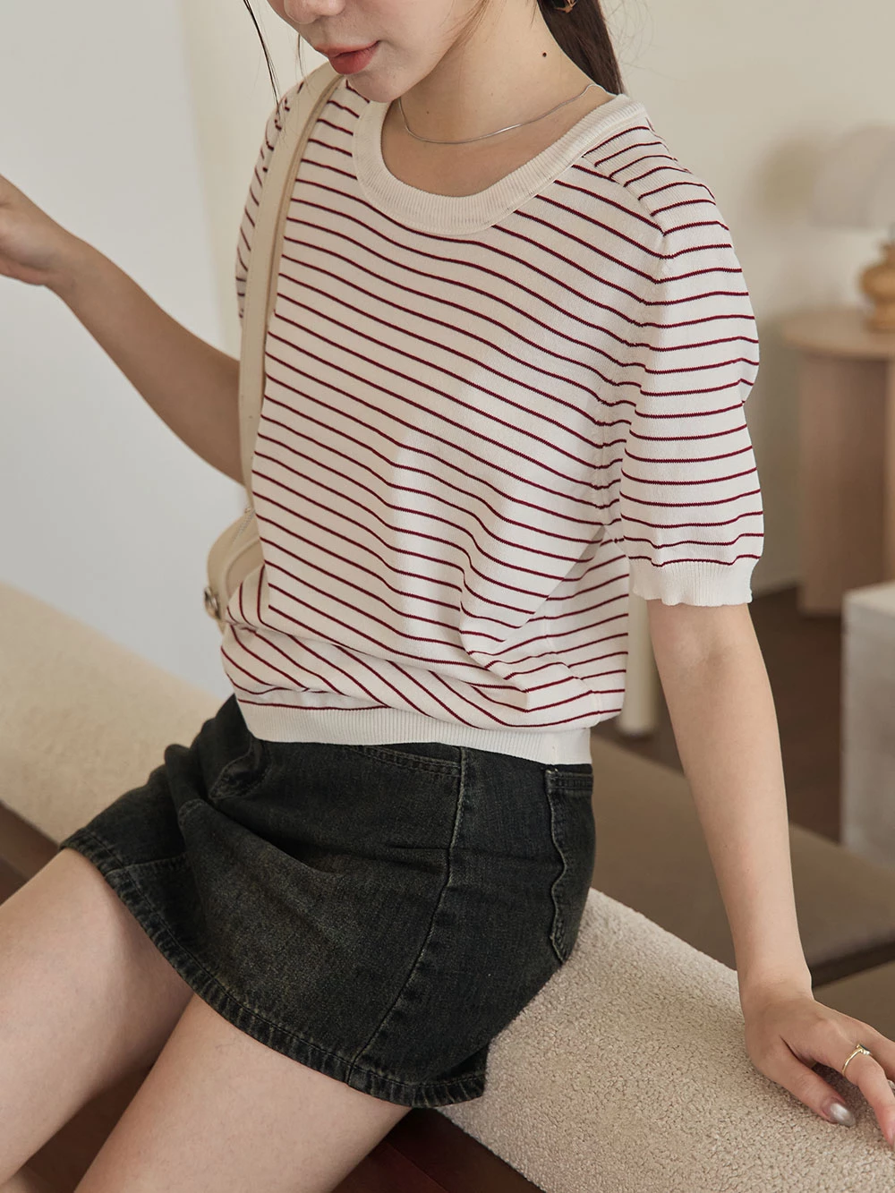 橫條紋薄針織上衣